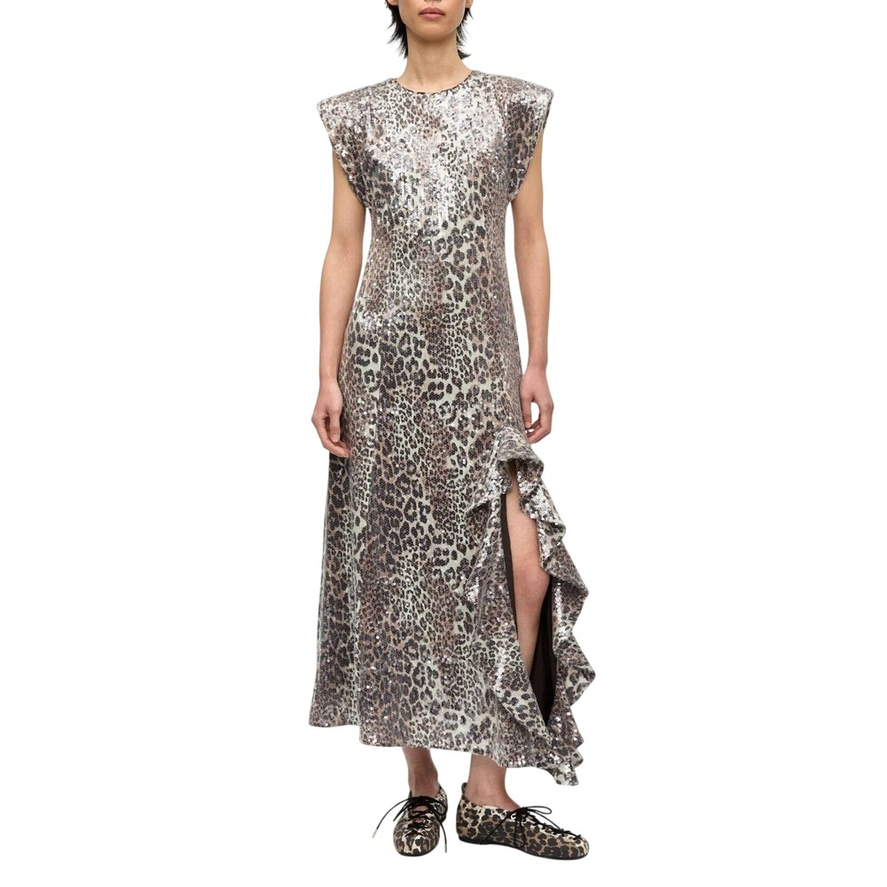 NWT GANNI Sequin Leopard Midi Dress Ruffle Slit Padded Shoulder. Size 6